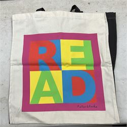 Peter Blake (British 1932-): 'H' and 'E' Postcards from 'An Alphabet' series, signed; together with two posters 'Peter Blake - Sculpture and Other Matters' and 'Under Milk Wood', and a 'Books are my Bag' tote bag (5)