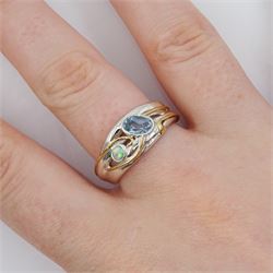 Silver and 14ct gold wire blue topaz and opal ring, stamped 925