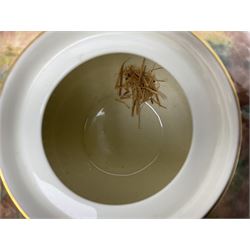 Mid 20th century Royal Worcester potpourri vase and cover decorated by Alan Telford, of ovoid form with inner cover and pierced gilt outer cover with bud finial, upon short gilt circular foot, the body part moulded with basket weave bands in gilt and bronze, and hand painted with a still life of fruit upon a mossy ground, signed Telford, with black printed mark beneath and painted shape number 1286, H25.5cm