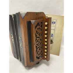 Three European concertinas, comprising Viceroy German concertina with 21 keys, hexagon wooden frame and 8 fold bellows
Oak framed concertina with 12 keys and 8 fold bellows
Commander concertina with 12 keys and 12 fold bellows
With tutor