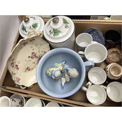 Large collection of ceramics to include God Speed the Plough loving cup, Denby, Coalport, Portmeirion, quantity of mugs etc in four boxes