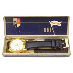Oris gentleman's gold-plated and stainless steel manual wind wristwatch, silvered dial with subsidiary seconds dial, on black leather strap, boxed
