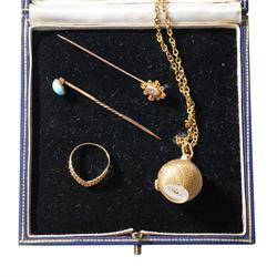 Gold wishbone ring and gold stick pin, both 9ct, pearl necklace with silver clasp, vulcanite brooch and other costume jewellery 