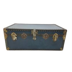 Vintage metal-bound cabin trunk, blue finish