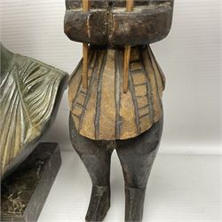 Bronzed bust of Greek man upon a marble base, together with two wooden sculptures 