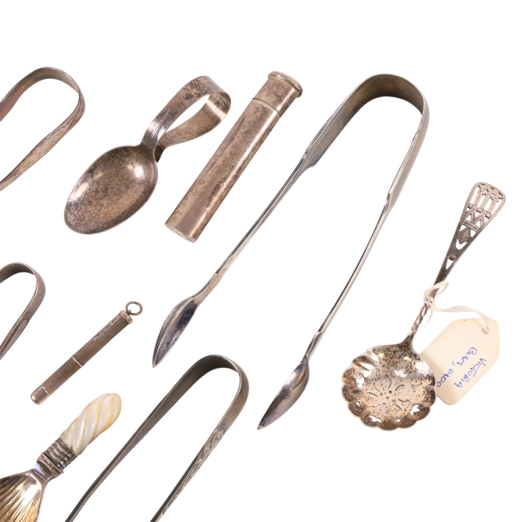 Silver cigar piercer, hallmarked together with silver medicine spoon, pencil case and other silver and three plated sugar tongs   