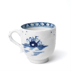 18th century Lowestoft porcelain coffee cup and saucer painted in the 'Two Pagoda Island' pattern, c1765-75, coffee cup H5.5cm