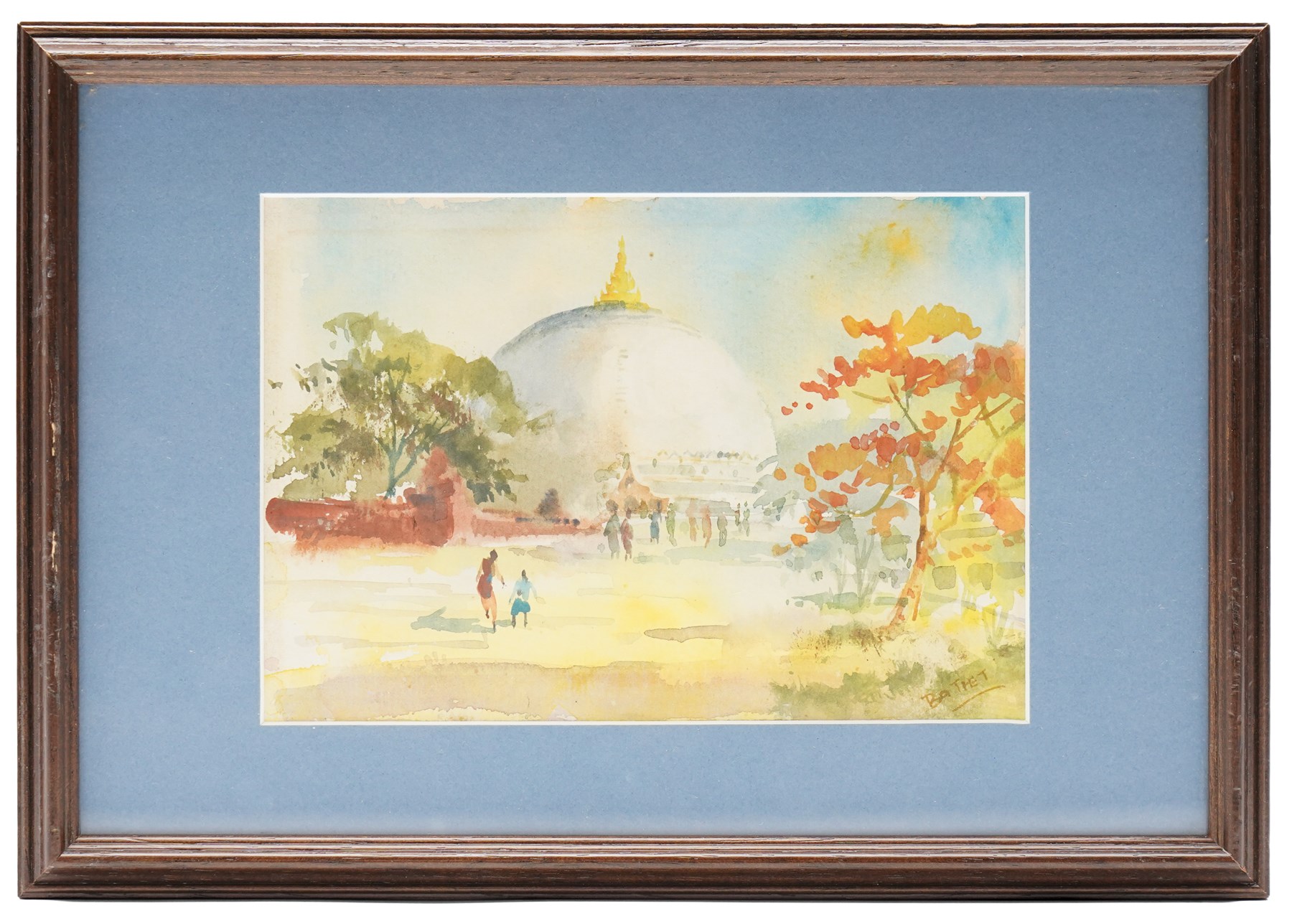 U Ba Thet (Burmese 1903-1972): Kaunghmudaw Pagoda and Burmese Buddhist monastery scene, pair of watercolours signed, 13.2cm x 19cm (2)