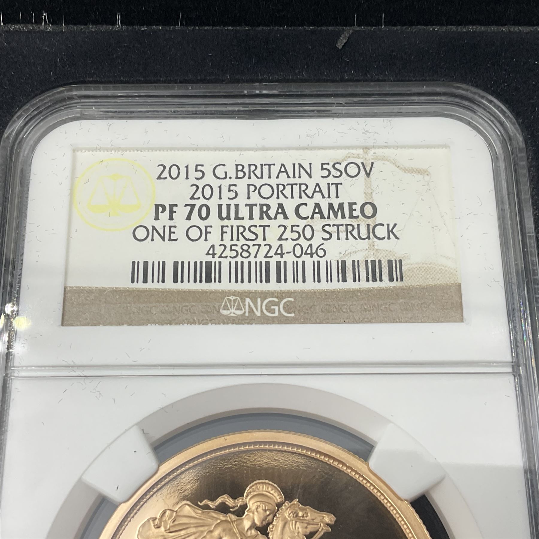 Queen Elizabeth II 2015 gold proof five sovereign coin, encapsulated and graded by NGC 'PF 70 Ultra Cameo one of first 250 struck'
