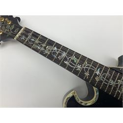 Eastern eight-string F-hole mandolin with blue sunburst finish and mother-of-pearl inlay of flowers and birds L69cm