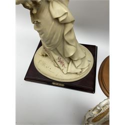 A small pair of Sitzendorf figures modelled as shepherd and shepherdess, H10.5cm together with a Dresden porcelain figure modelled as a female figure playing the piano, H17cm, a Naples figure with floral bouquet, H27.5cm,  a Naples figure holding a dog, H33cm, and a Leonardo Collection figure, Interlude, H24cm. 