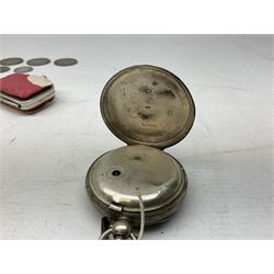 Key wound silver cased pocket watch, hallmarked Chester 1897, six King George V pre 1947 silver halfcrown coins, various silver threepence pieces and other coins