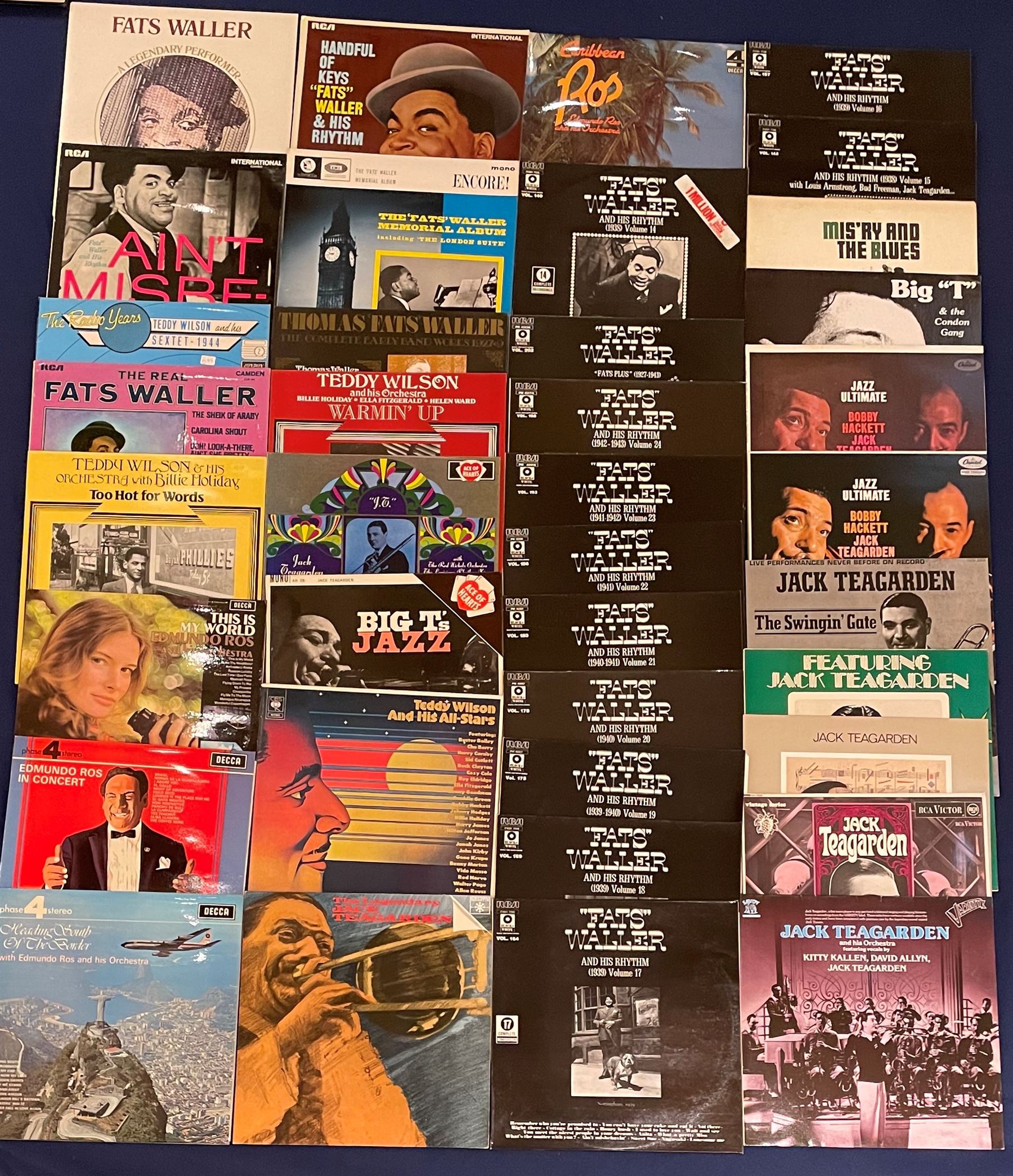 Mostly Jazz vinyl records including 'Caribbean Ros Edmundo Ros and his Orchestra', 'Teddy Wilson And His All-Stars', 'The Real Fats Waller', 'Swing High Tommy Dorsey', 'The Latin World Of Edmundo Ros Vol.1', 'Command Performance More Music In The Glenn Miller Style Syd Lawrence Orchestra' etc, approximately 140