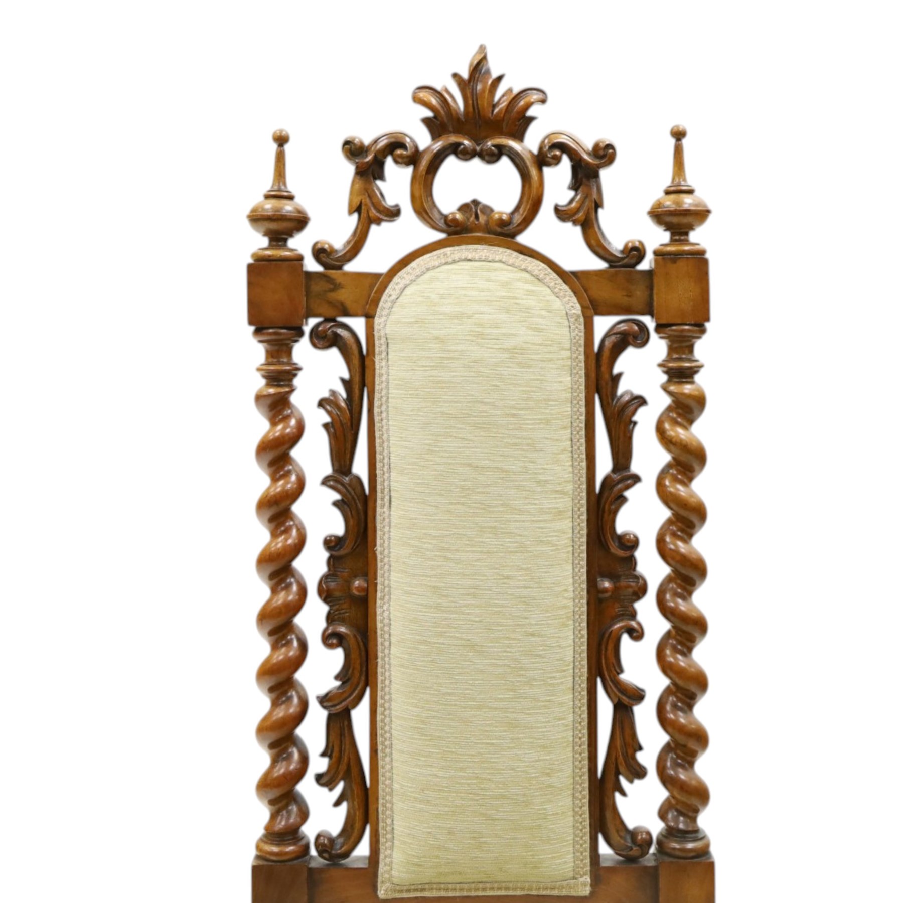 Victorian carved walnut side chair, the ornate high back with pierced and carved scrolled cartouche cresting rail, the back panel and sprung seat upholstered in sage green fabric, flanked by scrolling acanthus leaves and spiral turned pilasters, raised on scroll carved cabriole legs with ceramic castors