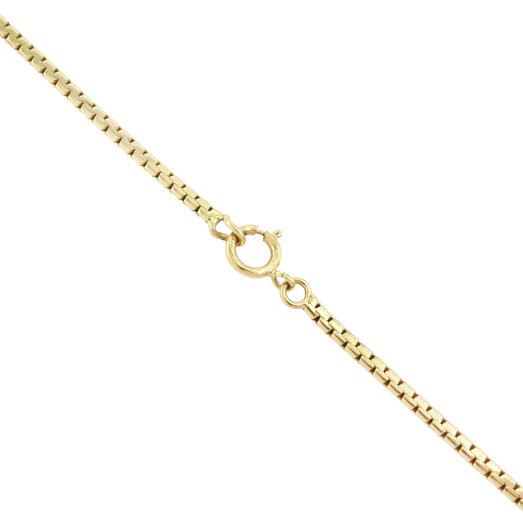 14ct gold sapphire and diamond necklace, the central diamond set ribbon design panel, suspending a pear cut sapphire of approx 0.25 carat, surrounded by twelve round brilliant cut diamonds, stamped, total diamond weight approx 0.25 carat