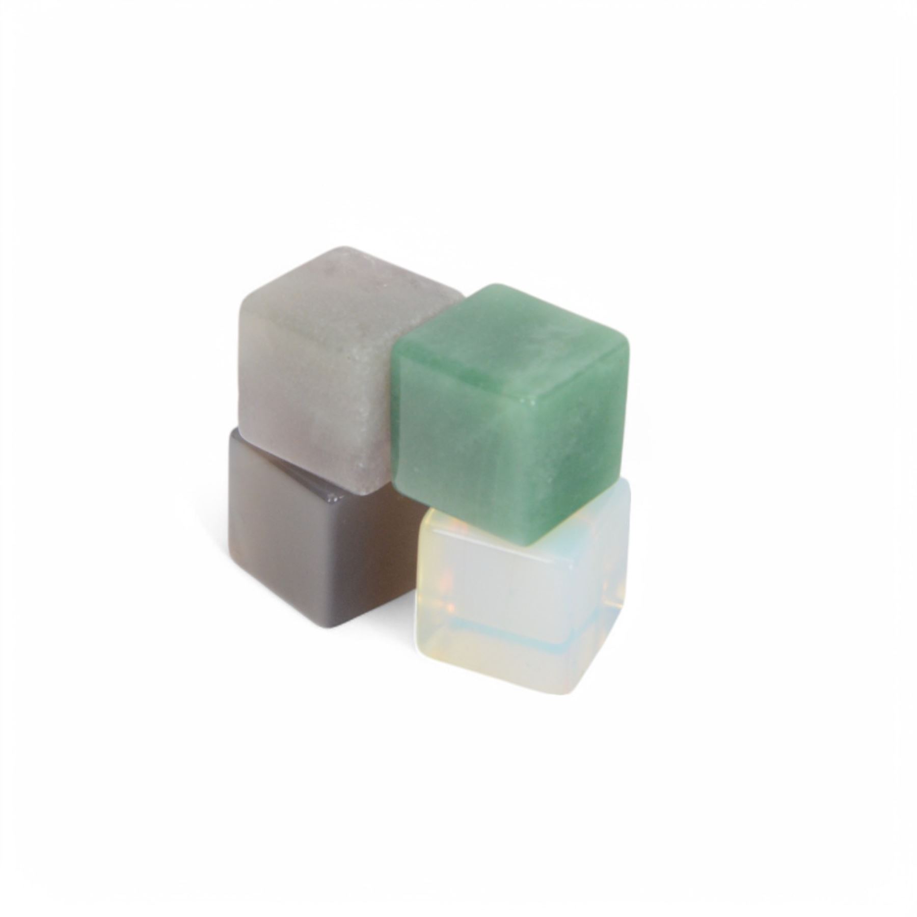 Fifteen cube mineral specimens, each cut and polished to highlight natural formations, including tiger eye, black obsidian, green aventurine, rose quartz, opalite, rhodonite etc, H2cm