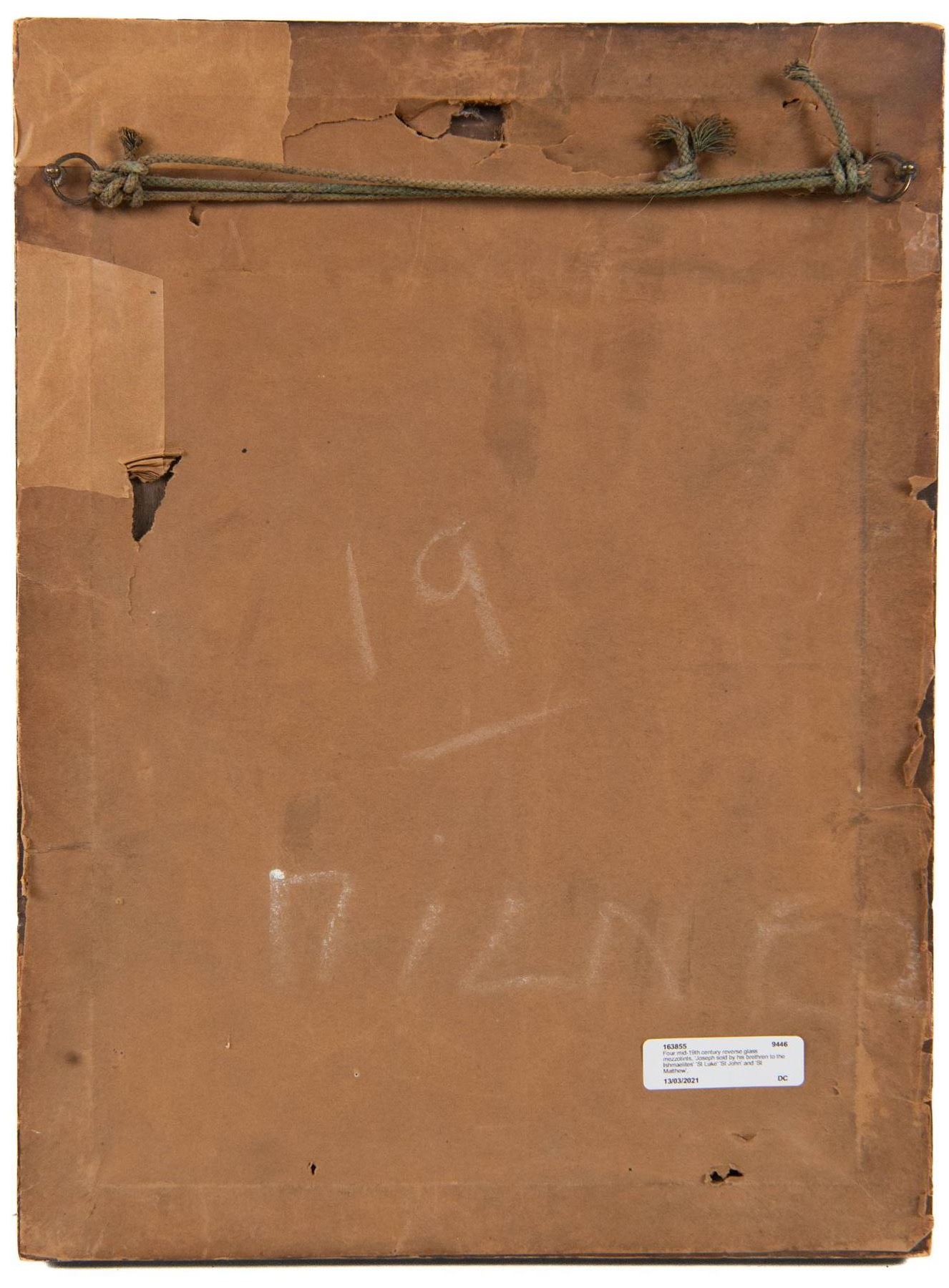 Four mid-19th century reverse glass mezzotints, 'Joseph sold by his brethren to the Ishmaelites' 'St Luke' 'St John' and 'St Matthew', 34cm x 24cm (4)