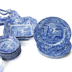 Large and extensive collection of Spode Italian blue and white tea and dinner wares, including various sized plates, serving dishes, mugs, etc, with mixed blue and black backstamps