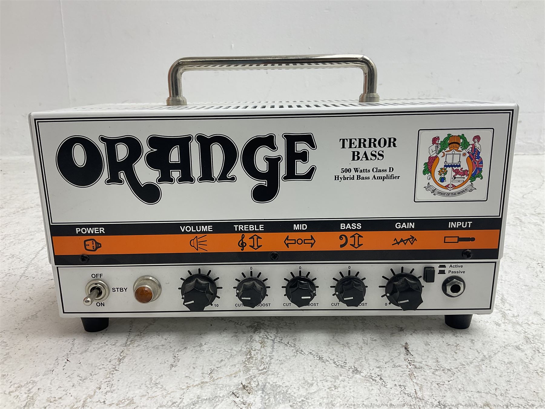 Orange 'Terror Bass' 500 watts Class D Hybrid Bass Amplifier; serial no.03742-0814; L30cm; and Orange 'Voice of the World' SP212 bass cabinet with 2 x 12