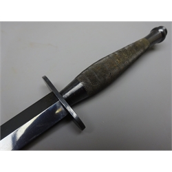  2nd Variant Pattern Steel Commando Knife, 18cm twin edged blued blade, steel cross guard stamped Crows foot, J Nowill and Sons, Sheffield, chequered blued steel grip,  L30cm, leather scabbard   