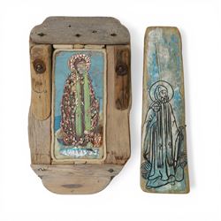 Christ Czainski; Two St Brendan Ikons, on driftwood, largest H40cm