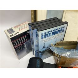 W. Marshall (20th century) - Town Dock Hull; watercolour; gilt frame; two Amy Johnson enamelled brooches as aircraft and Amy Johnson medallion; and quantity of books and booklets of Hull interest