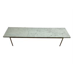 Long narrow rectangular marble top coffee table, on wrought metal base