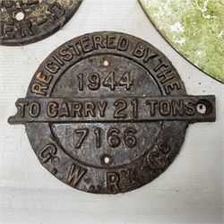 Victorian cast iron railway wagon plate, 'To Carry 10 Tons 4012, Registered by LNER-D 1898', together with a similar mid 20th century example, a smaller cast iron LMS wagon plate, Chalwyn signalling lamp, Give Way to Trains enamel sign and an enamel signal sign