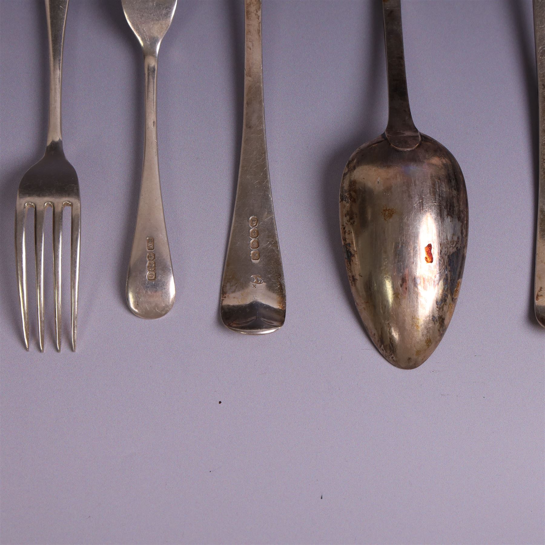 Three silver Old English pattern table spoons, including George III pair, and a set of six 1930s silver forks, all with engraved initials, all hallmarked