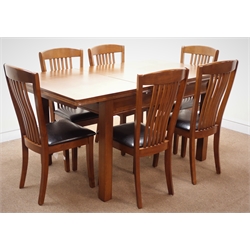  Julian Bowen cherry wood extending dining table, square supports (W160cm, H78cm, D90cm) and set six chairs, upholstered seat (W42cm)   
