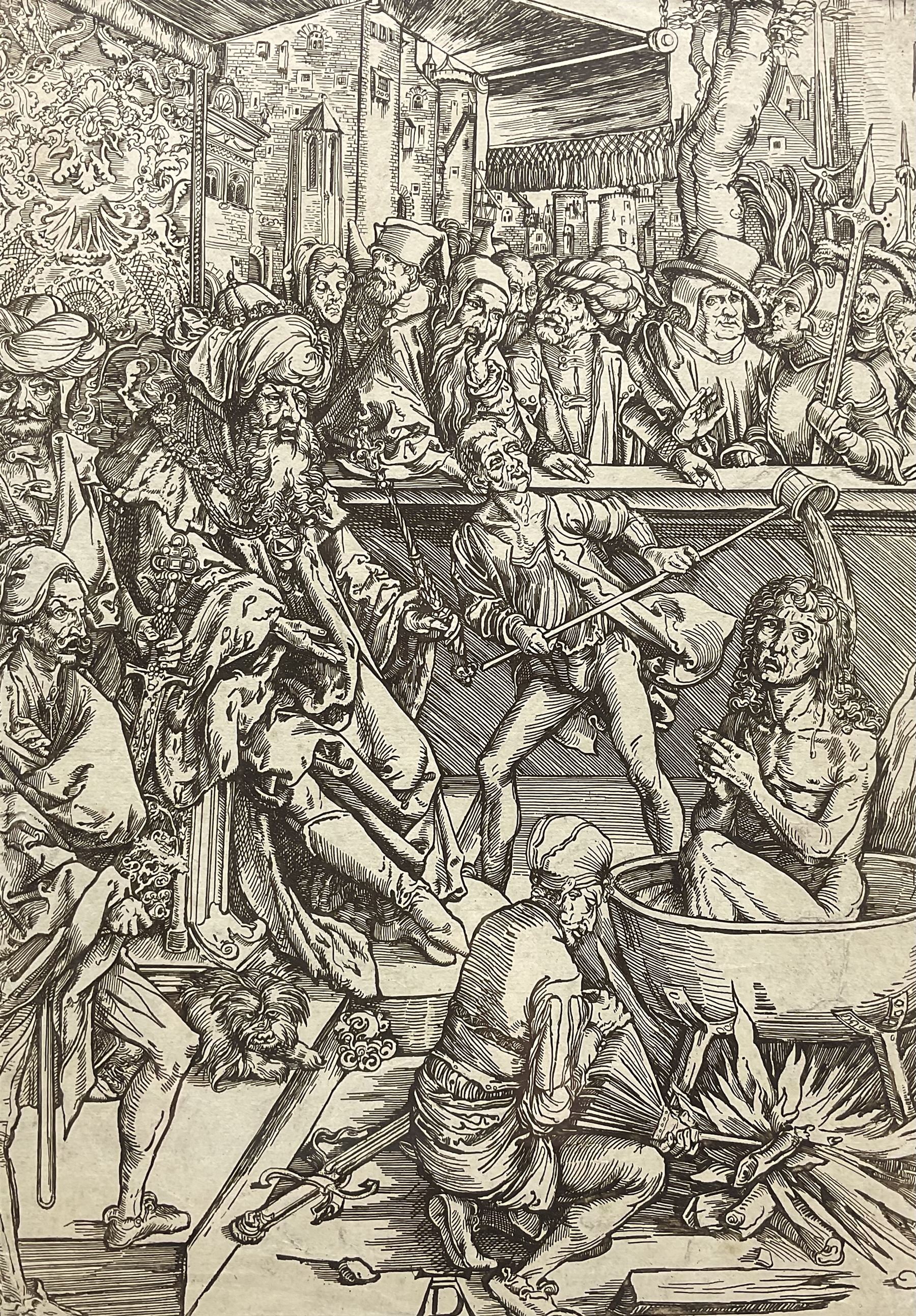 Albrecht Dürer (German 1471-1528): 'The Martyrdom of Saint John', wood cut from The Apocalypse portfolio first pub. 1498, 38cm x 27cm