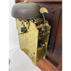 Joseph Critchley of Liverpool -  early 19th century twin fusee 8-day rosewood and mother of pearl inlaid drop-dial wall clock c1820, inlaid circular wooden dial surround with carved ears representing grapes and vine leaves, glazed box with a scroll carved surround, curved base and pendulum adjustment door, 14” painted dial with Roman numerals, minute track, and pierced steel hands within a cast brass bezel and flat glass, dial pinned to a four pillar chain driven fusee movement striking the hours on a bell. With pendulum and key.