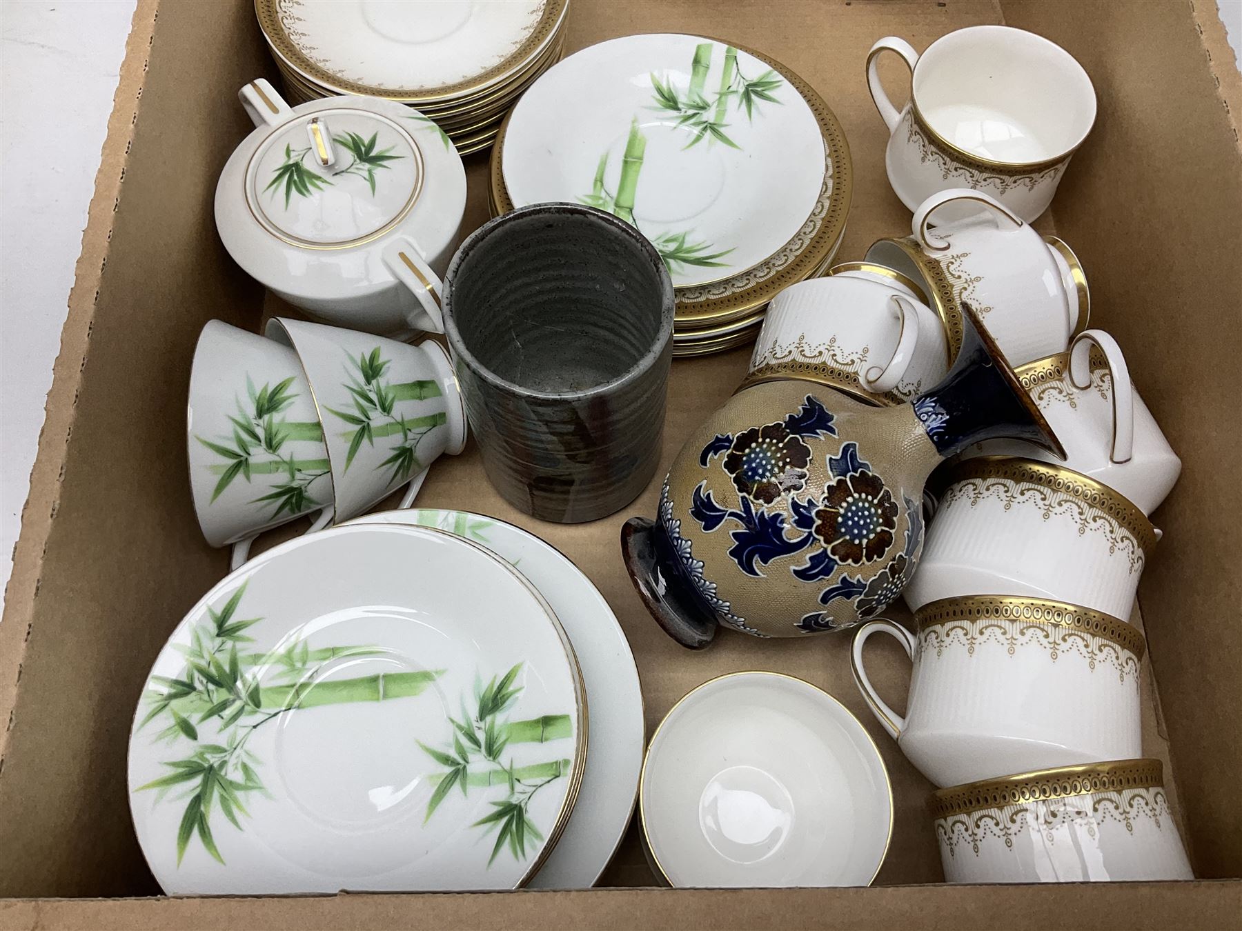 Doulton Lambeth Slaters vase of baluster form decorated with flowers, Chinese ginger jar in the form of a pumpkin, three Le Creuset red ramekins, Hornsea, Paragon Athena pattern tea wares, jardinière and other ceramics in two boxes 