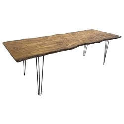 Rustic elm slab dining table, raw edge rectangular plank top, on black finish out-splayed supports 
