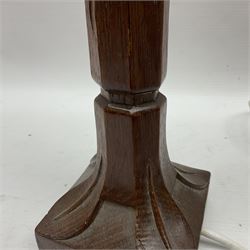 Mouseman - circa.1950s oak table lamp, octagonal column terminating to stylised leaf carved square base, carved with mouse signature, by Robert Thompson, Kilburn