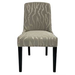 India Jane Interiors - two French design oak side chairs, moulded frame with cameo back, on turned and fluted supports; single side chair with curved back upholstered in shimmer silver fabric, on ebonised supports (3) - ex-display/bankruptcy stock 