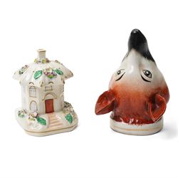 19th century Staffordshire fox head stirrup cup H12cm and a pastille burner in the form of...