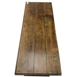 18th century oak mule chest, moulded hinged lid over panelled front, fitted with two moulded drawers