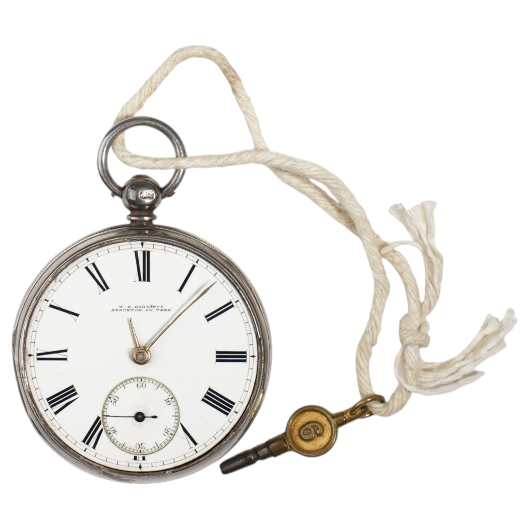 Victorian silver open face lever pocket watch by W.E. Harrison, Stockton on Tees, No. 5268, silver case by William Dyer, London 1873