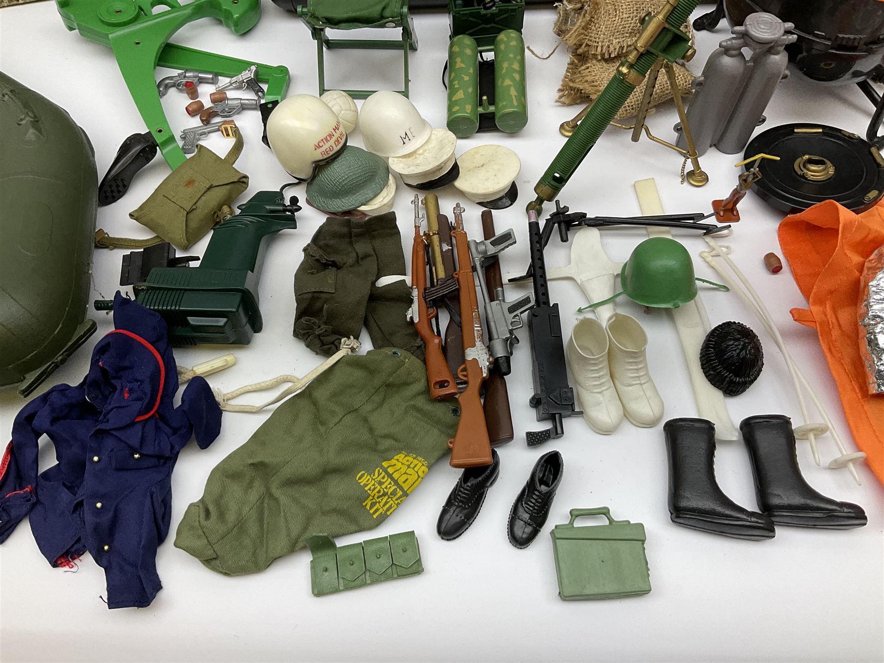 Action Man - one figure, boxed Assault Craft, dismantelled  Capture Copter, two bags of equipment and accessories etc