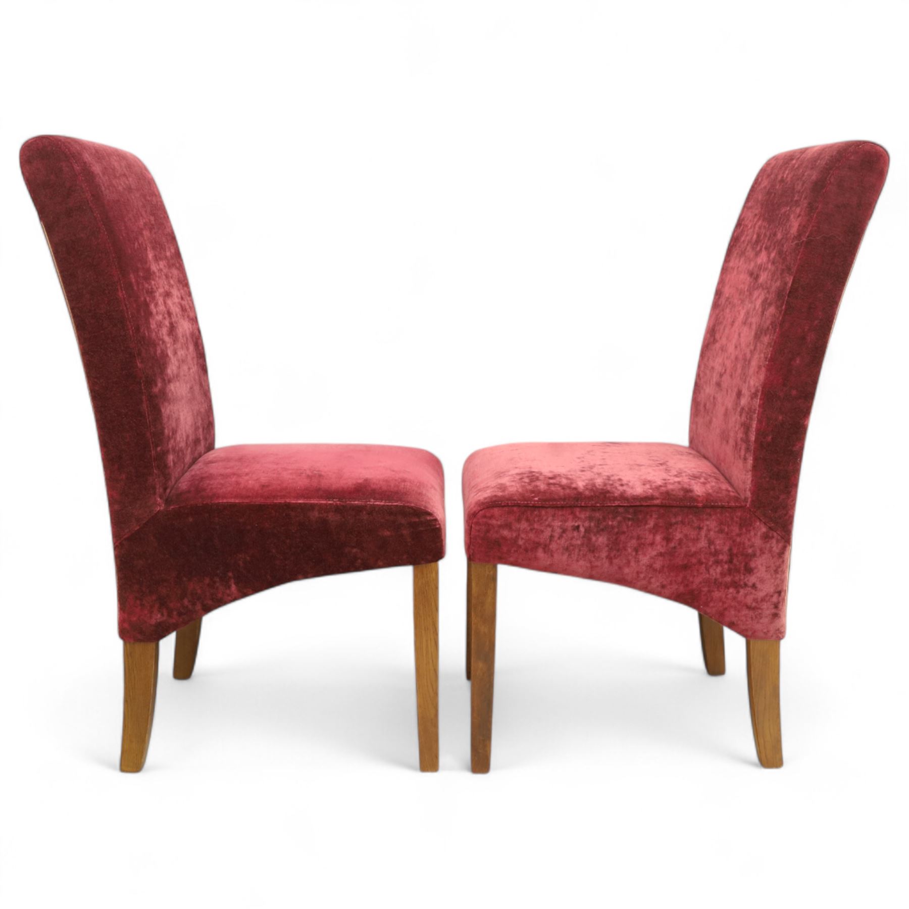 Willis & Gambier - mahogany extending dining table, rectangular top with rounded corners on cabriole legs, with two 35cm extension leaves, four Willis & Gambier upholstered high back chairs and four mahogany chairs, upholstered in a stripped multi-coloured velvet fabric, with scroll-shaped top rail, lyre-shaped back splat on cabriole legs, chairs W46xD91x97cm (11) 