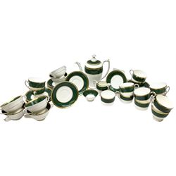 Coalport Athlone Green pattern tea wares, comprising coffee pot, seven coffee cans and saucers, milk jug, open sucrier, six tea cups and saucers, and six twin handled cups and saucers (42) 