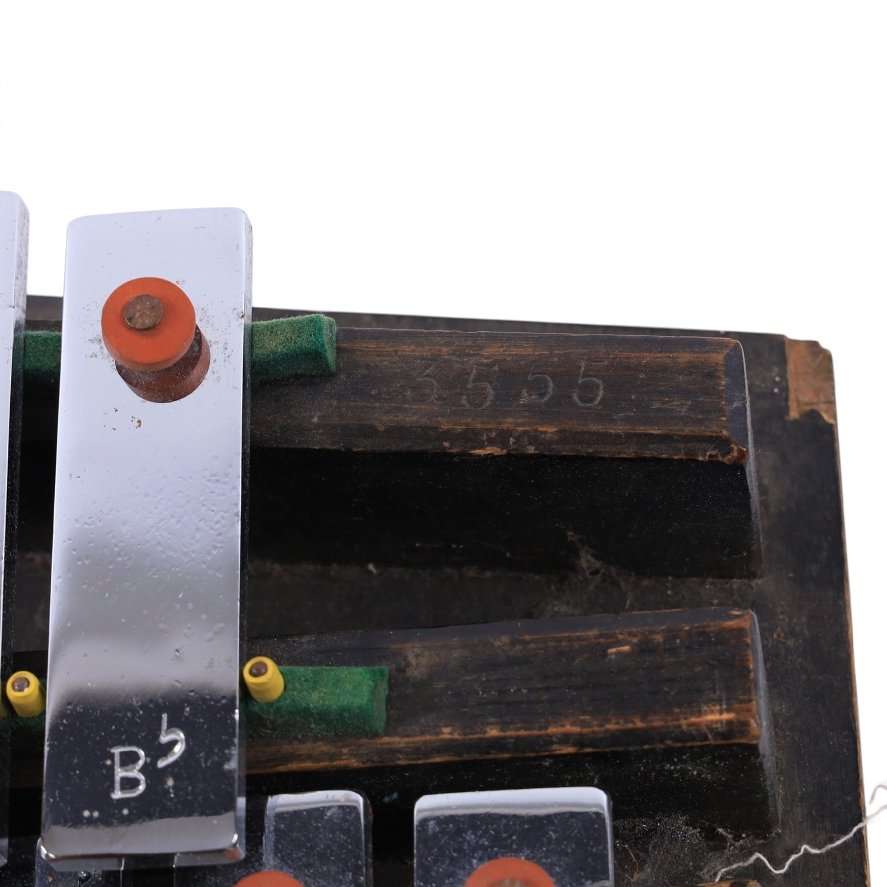 Ajax Boosey & Hawkes metal glockenspiel with black wooden frame, wooden beaters, in hard carry case