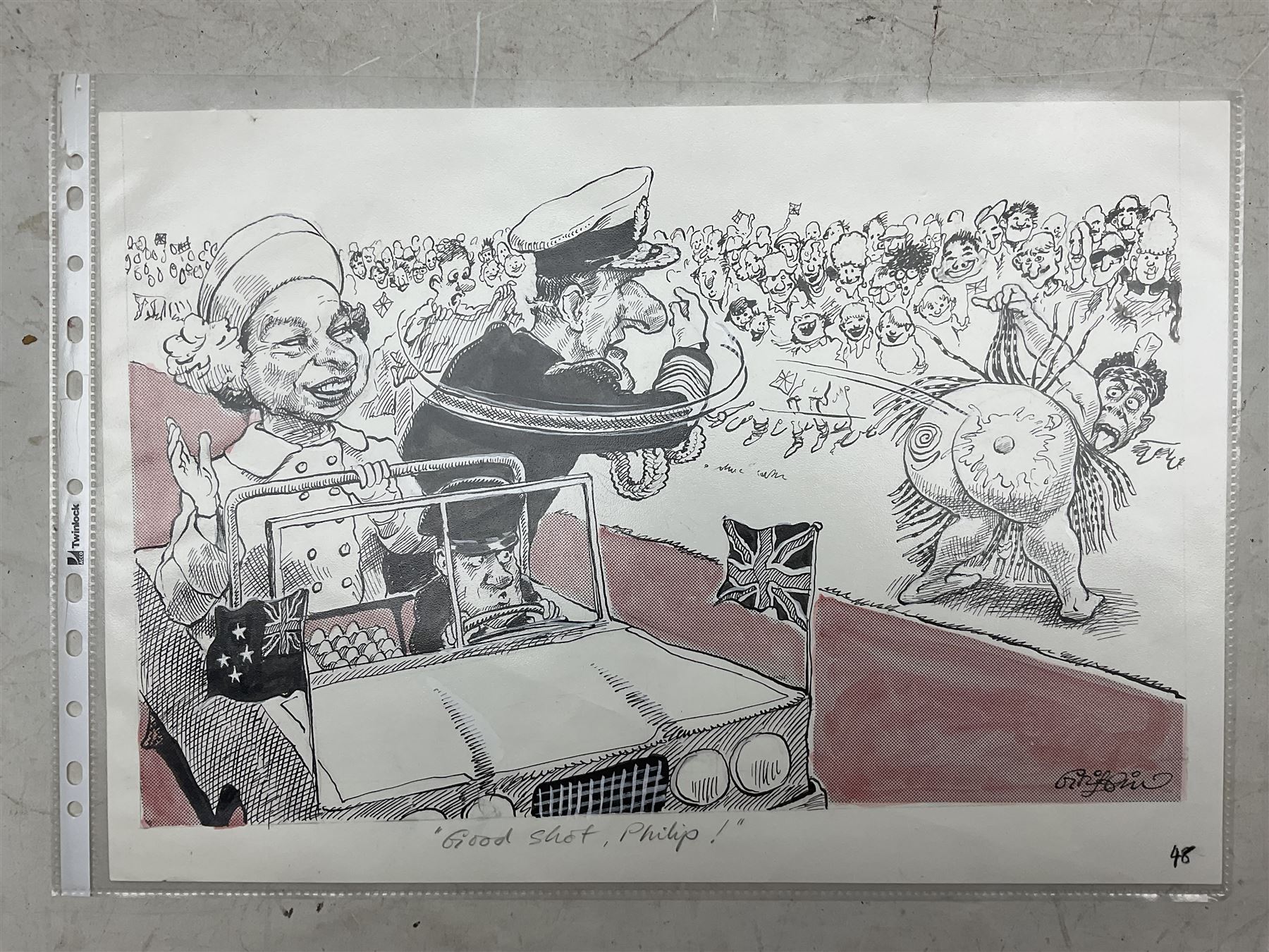 Charles Griffin (British 1946-): 'Good Shot, Philip!' Queen Elizabeth and Prince Phillip New Zealand tour, pen and ink cartoon signed and captioned, 29cm x 41cm (unframed)