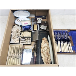  Vintage cigarette cases, Ronson Varaflame Electronic lighter, Ronson Viking lighter and other lighters, simulated pearl necklaces, costume jewellery and miscellanea in one box  