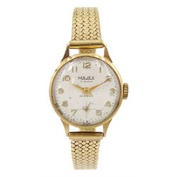 Majex ladies 9ct gold manual wind wristwatch, on 9ct gold bracelet, hallmarked