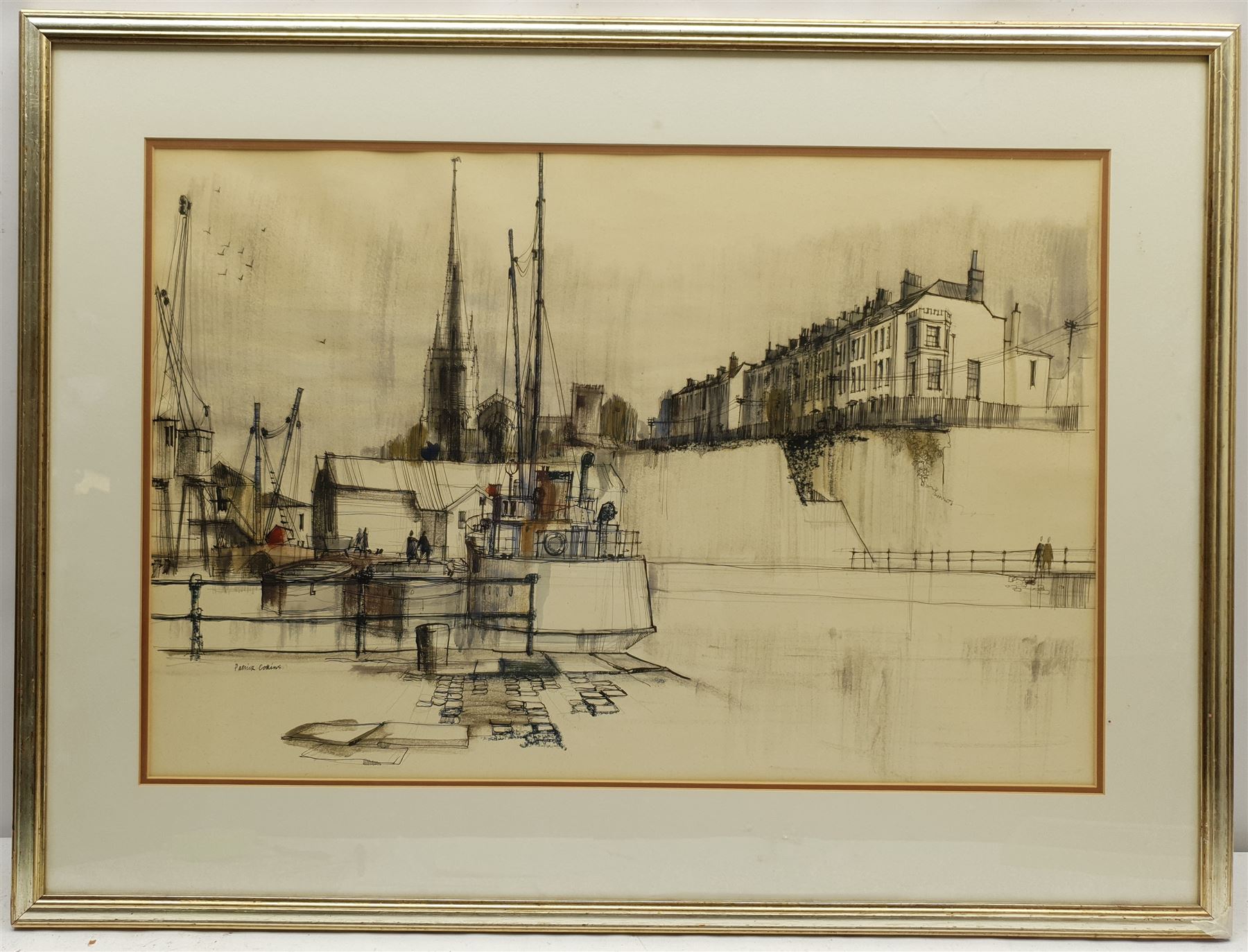 Patrick Collins (British 20th century): Shipyard before a Church, ink and watercolour signed and dated '67, 44cm x 67cm 
Notes: Collins was one of the Bristol Savages