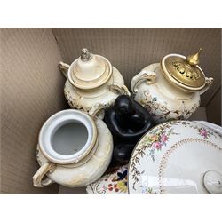 Collection of tea and dinner wares, to include Crown Clarence wares, two Maling cups and saucers, etc,  together with three Foley twin handled urns etc, in three boxes