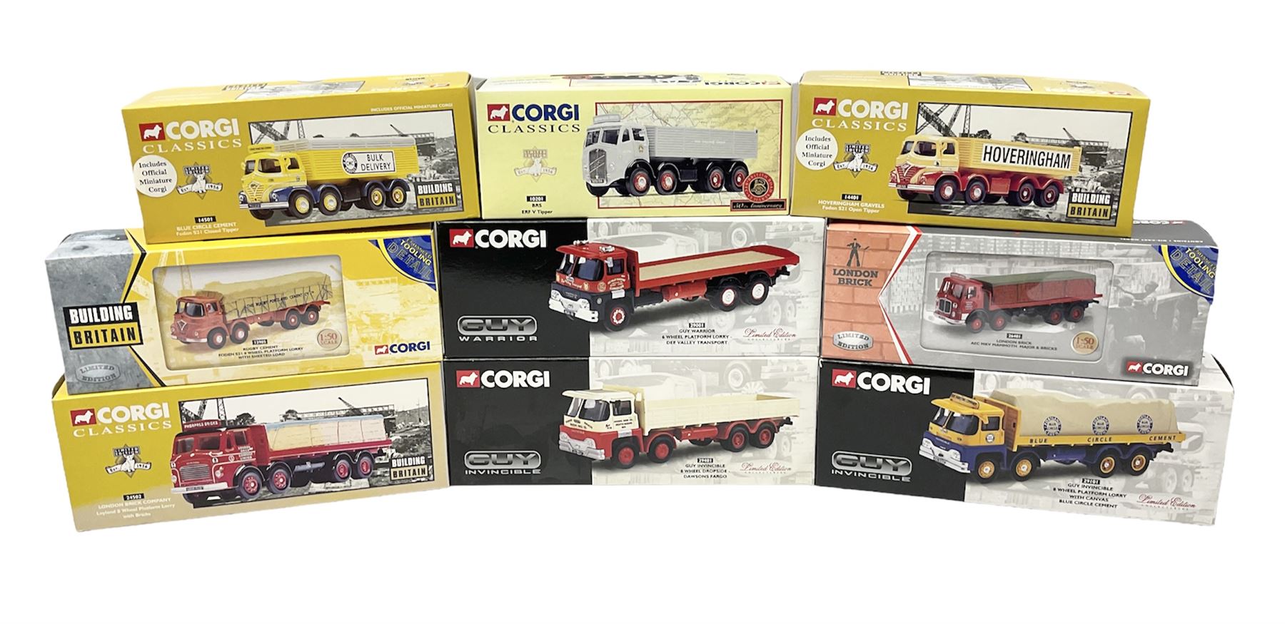 Corgi - nine die-cast commercial vehicles comprising four Building Britain Series 14401, 14501, 13905 and 24502; London Brick Company 26401; three Guy lorries 29001, 29101 & 29401; and BRS Tipper 10201; most limited editions; all boxed (9)