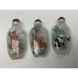 Seven Chinese glass snuff bottles painted with figures and animals, together with three wood mounted bone examples